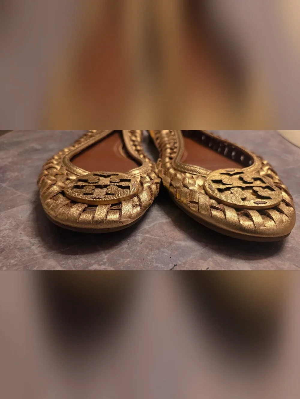Tory Burch Gold Woven Leather Ballet Flats